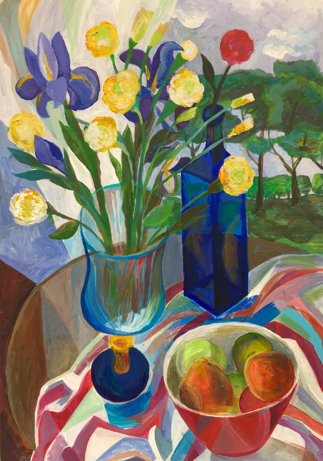 Irises and fruits, colorful floral still life
