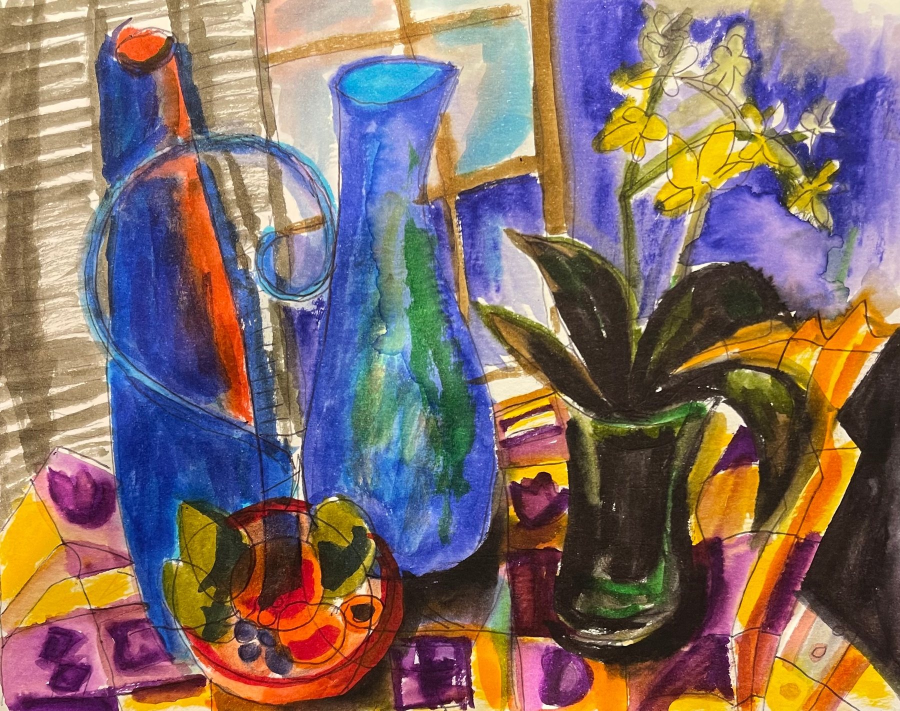 Still life with orchids, a vivid watercolor arrangement