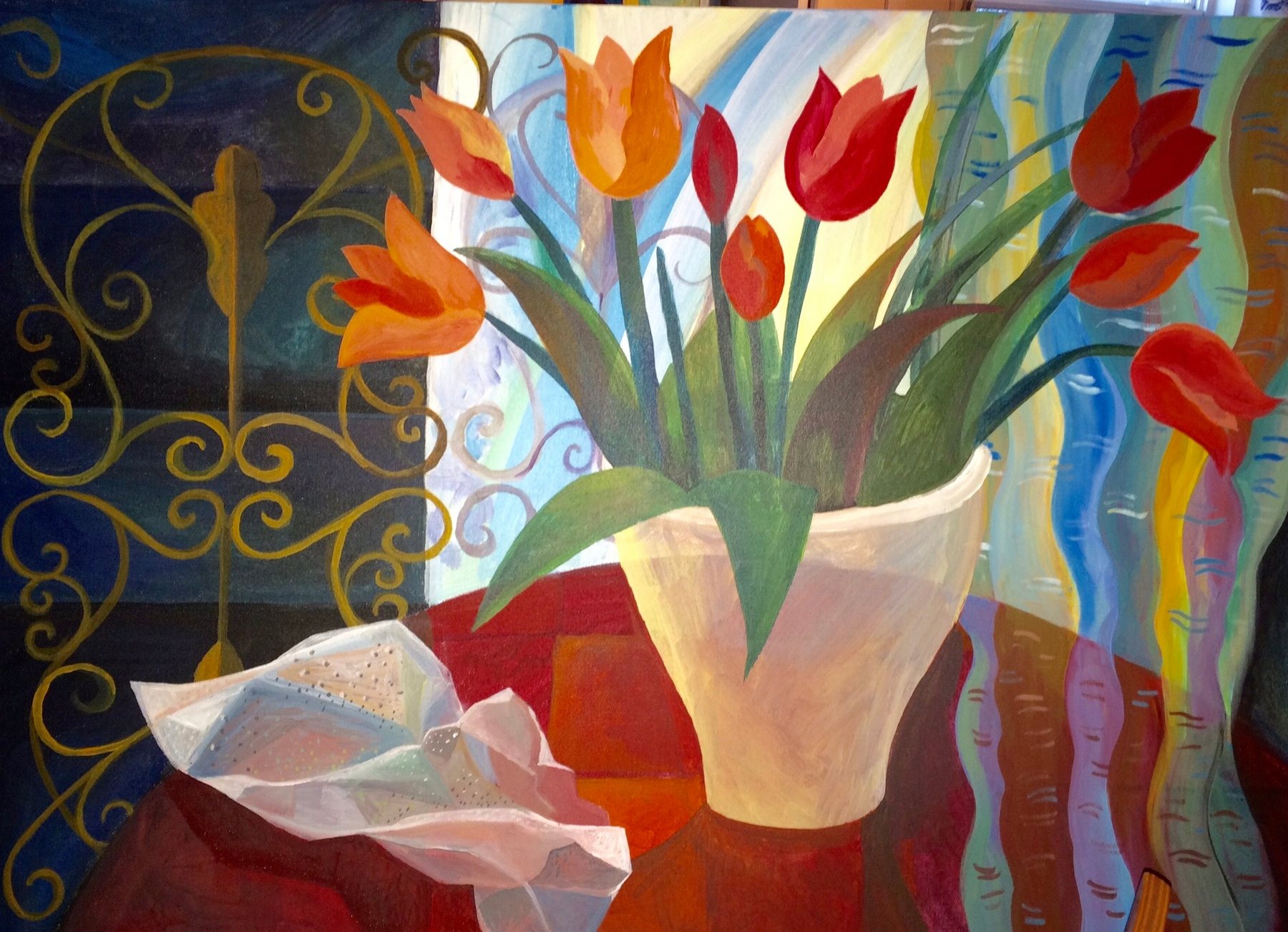 Still Life, tulips, a bold table scene