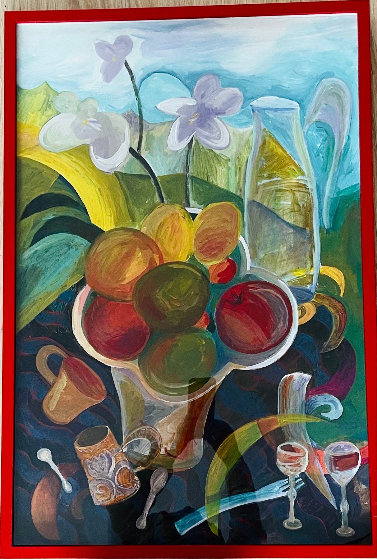 Fruits and orchids still life, a jewel-toned floral painting