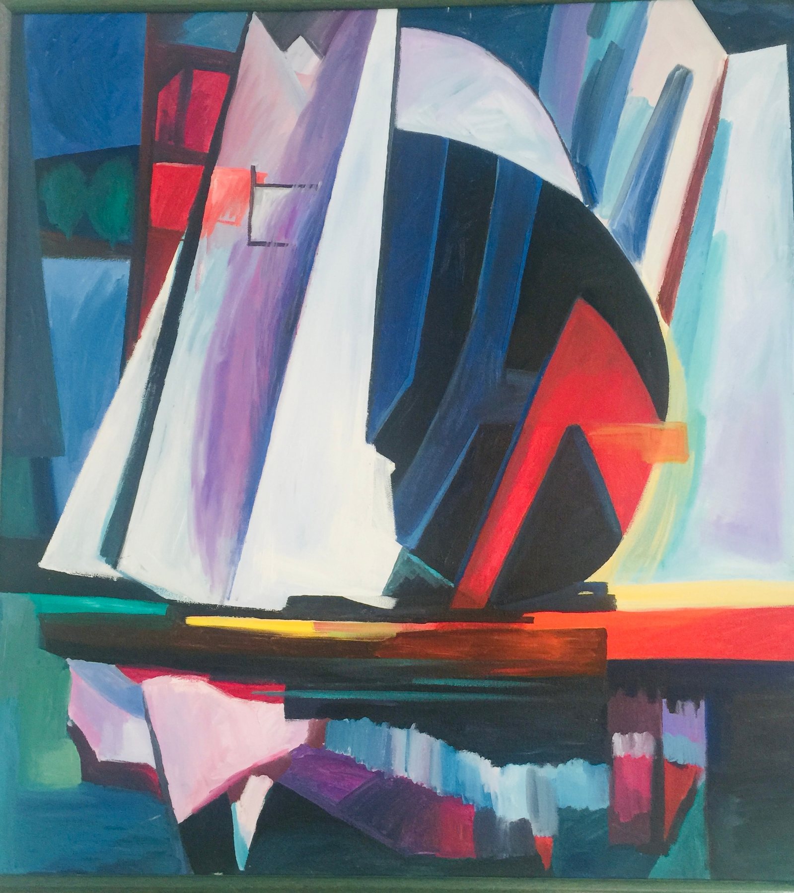 Regatta, geometric sailboats in an acrylic painting